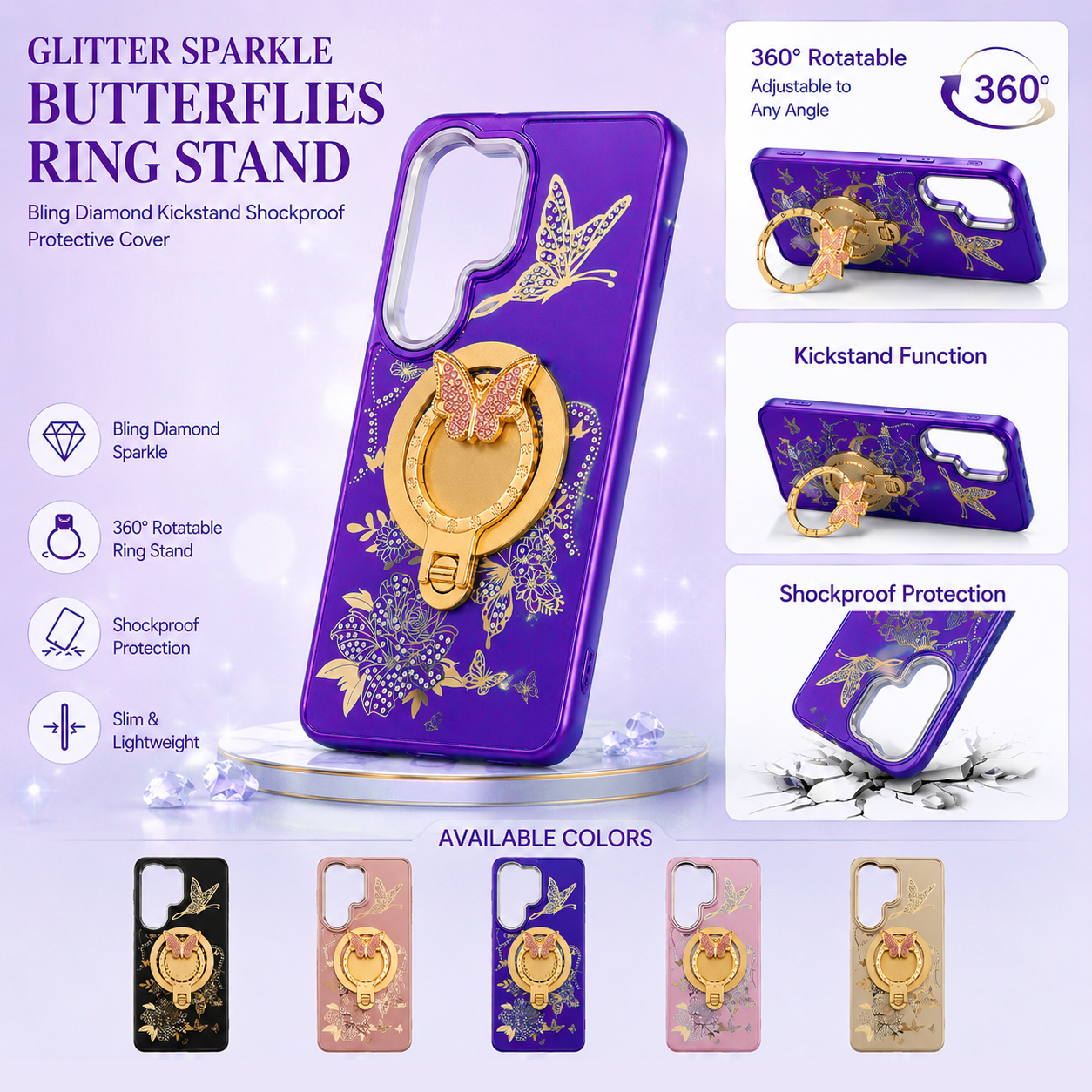 Glitter Sparkle Butterflies Ring Stand Bling Diamond Kickstand Shockproof Protective Cover in purple, compatible for  SAMSUNG S26
