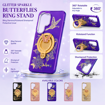 Glitter Sparkle Butterflies Ring Stand Bling Diamond Kickstand Shockproof Protective Cover in purple, compatible for   SAMSUNG A37  5G
