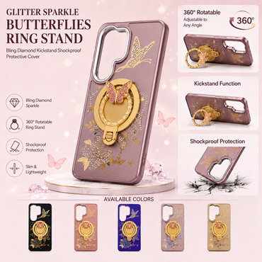 Glitter Sparkle Butterflies Ring Stand Bling Diamond Kickstand Shockproof Protective Cover in rose gold , compatible for  SAMSUNG S26
