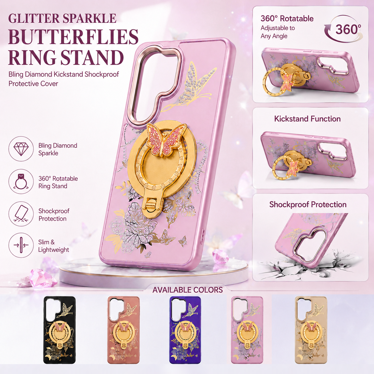Glitter Sparkle Butterflies Ring Stand Bling Diamond Kickstand Shockproof Protective Cover in pink, compatible for  SAMSUNG A37  5G