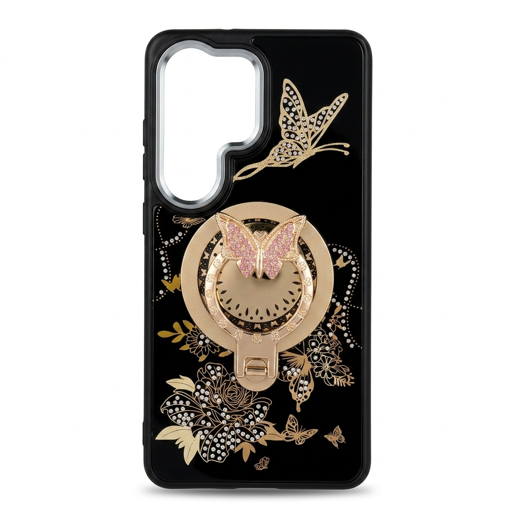 Glitter Sparkle Butterflies Ring Stand Bling Diamond Kickstand Shockproof Protective Cover in black, compatible for  SAMSUNG A37  5G