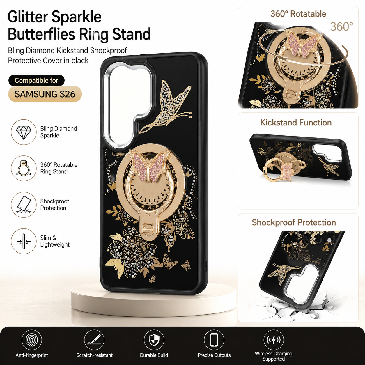 Glitter Sparkle Butterflies Ring Stand Bling Diamond Kickstand Shockproof Protective Cover in black, compatible for  SAMSUNG S26