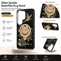 Glitter Sparkle Butterflies Ring Stand Bling Diamond Kickstand Shockproof Protective Cover in black, compatible for  SAMSUNG S26