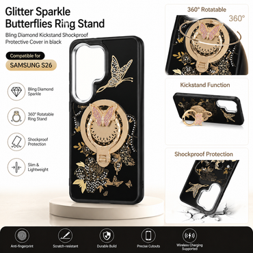 Glitter Sparkle Butterflies Ring Stand Bling Diamond Kickstand Shockproof Protective Cover in black, compatible for  SAMSUNG S26