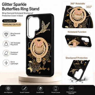 Glitter Sparkle Butterflies Ring Stand Bling Diamond Kickstand Shockproof Protective Cover in Black, compatible for  SAMSUNG S26 PLUS