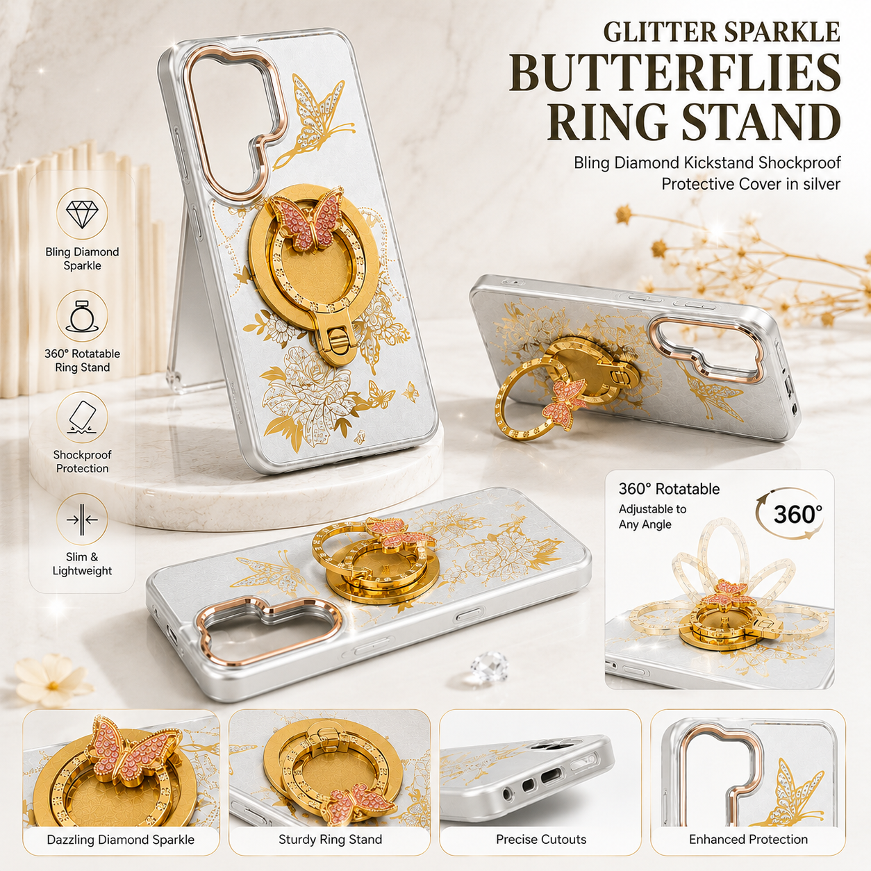 Glitter Sparkle Butterflies Ring Stand Bling Diamond Kickstand Shockproof Protective Cover in silver, compatible for  SAMSUNG S26