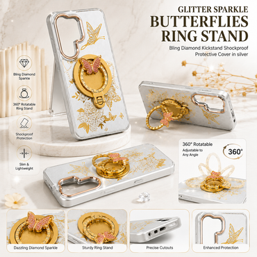 Glitter Sparkle Butterflies Ring Stand Bling Diamond Kickstand Shockproof Protective Cover in silver, compatible for  SAMSUNG A37  5G