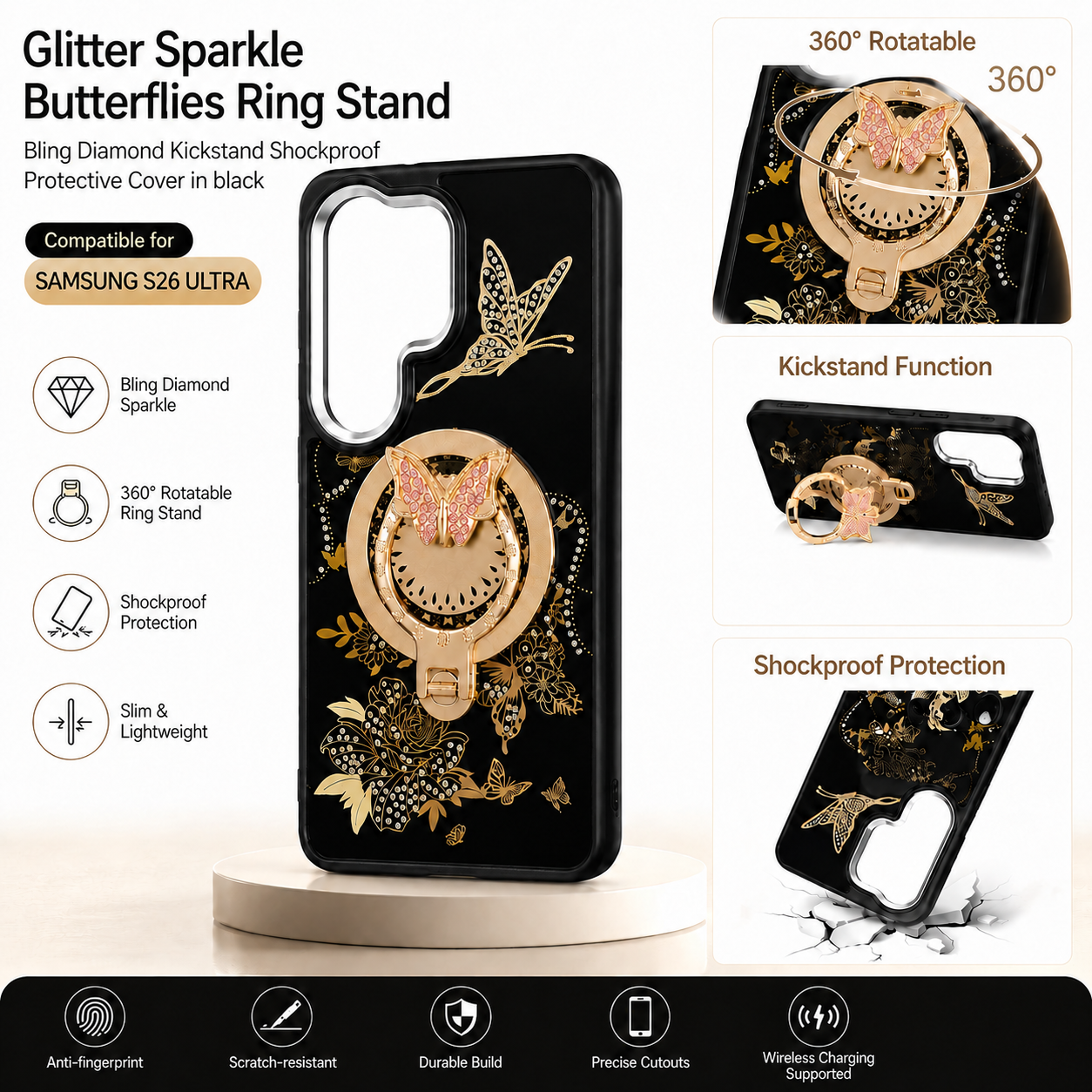 Glitter Sparkle Butterflies Ring Stand Bling Diamond Kickstand Shockproof Protective Cover in Black, compatible for  SAMSUNG S26 ULTRA