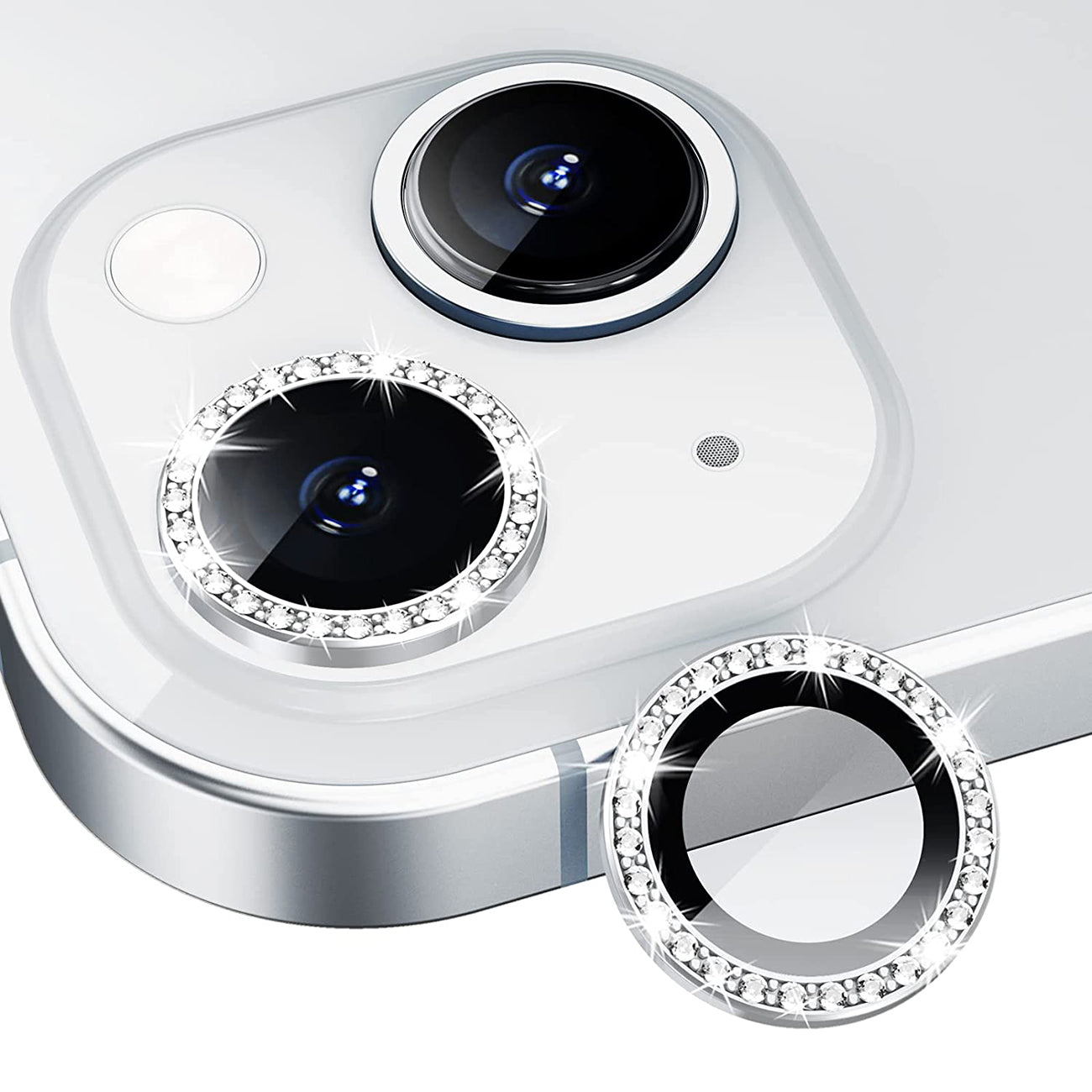 Diamond Camera Lens Protector, Diamond Tempered Glass Camera Cover Screen Protector for iPhone 14 / iPhone 14 Plus In Silver
