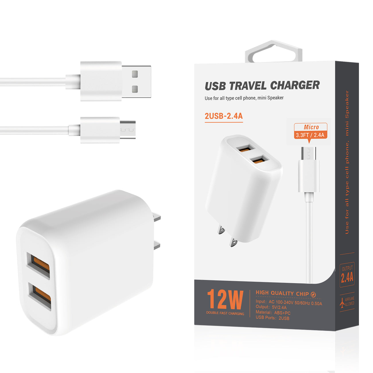 Reiko Micro Portable Travel Home Charger With Built In 5 Ft Cable In White