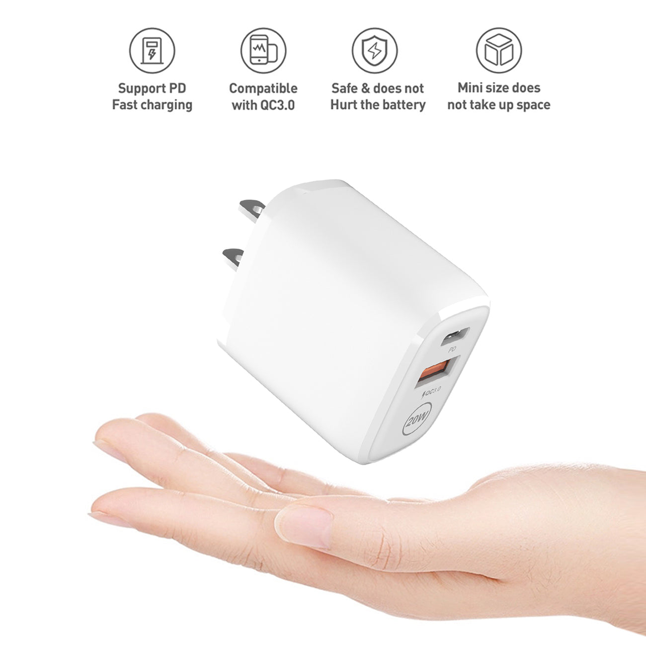 20W PD Dual Ports Travel Wall Charger Adapter Fast Charging with 4FT USB-C To 8-PIN Cable