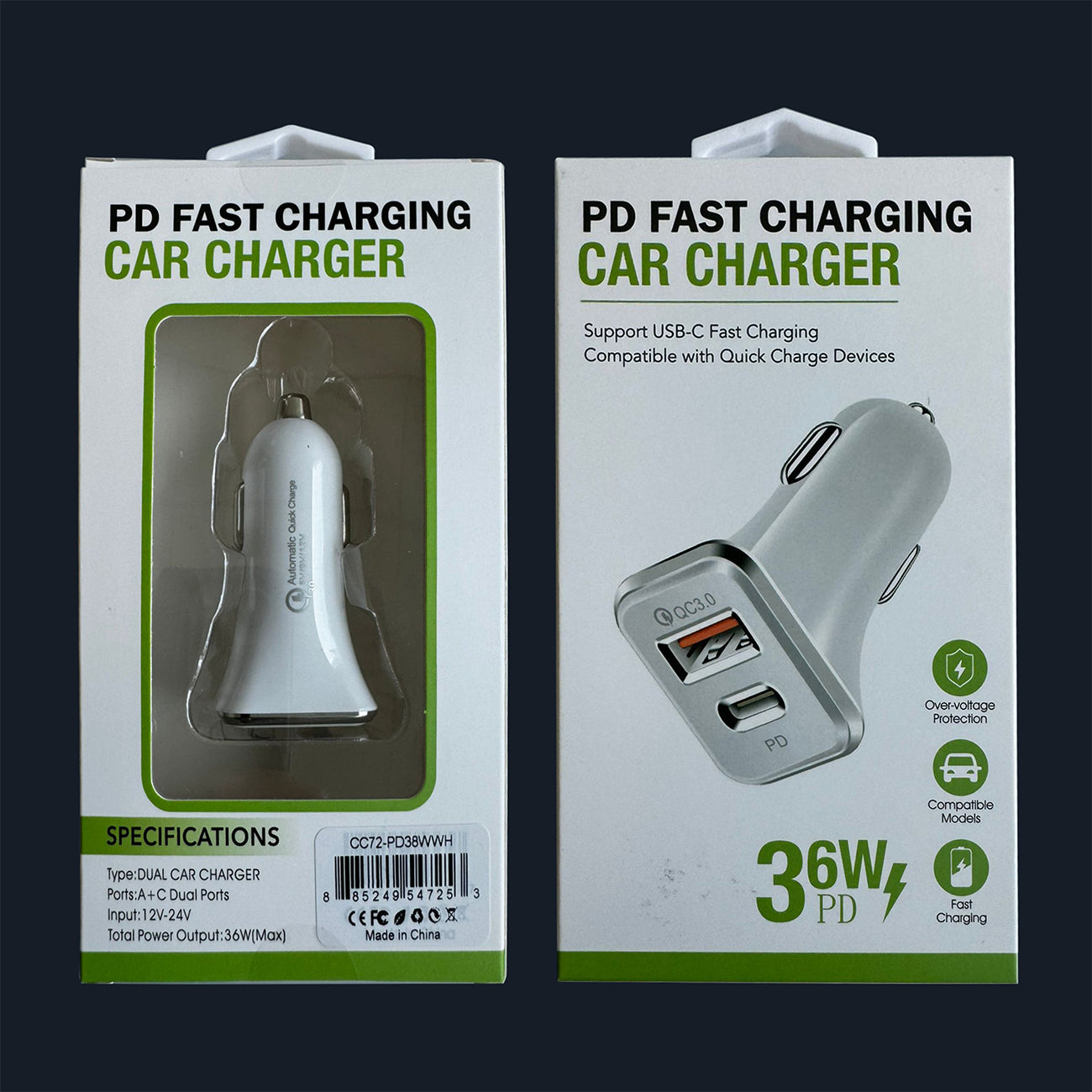 2 Ports USB C Car Charger Super Fast Charging  PD36W+QC3.0 per port