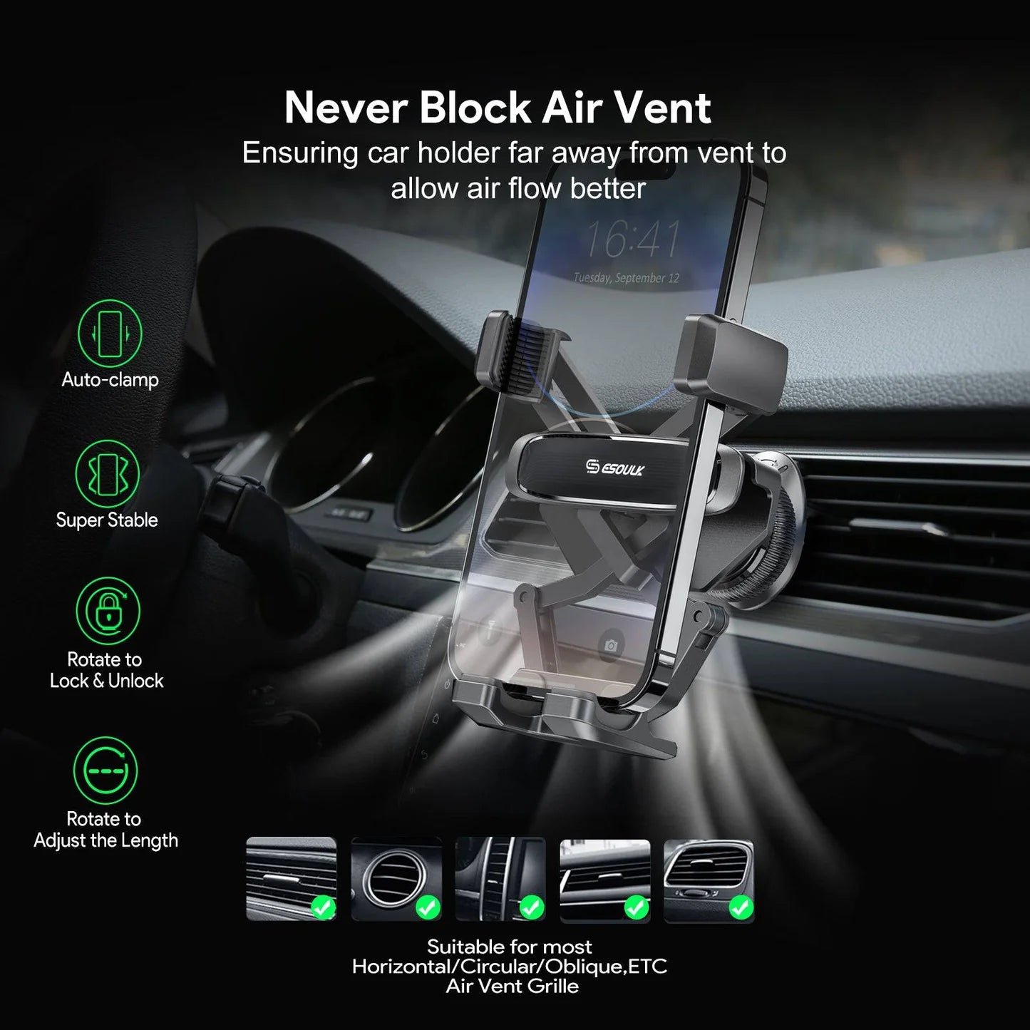 Gravity Air Vent Car Phone Holder for iPhone models and Android devices
